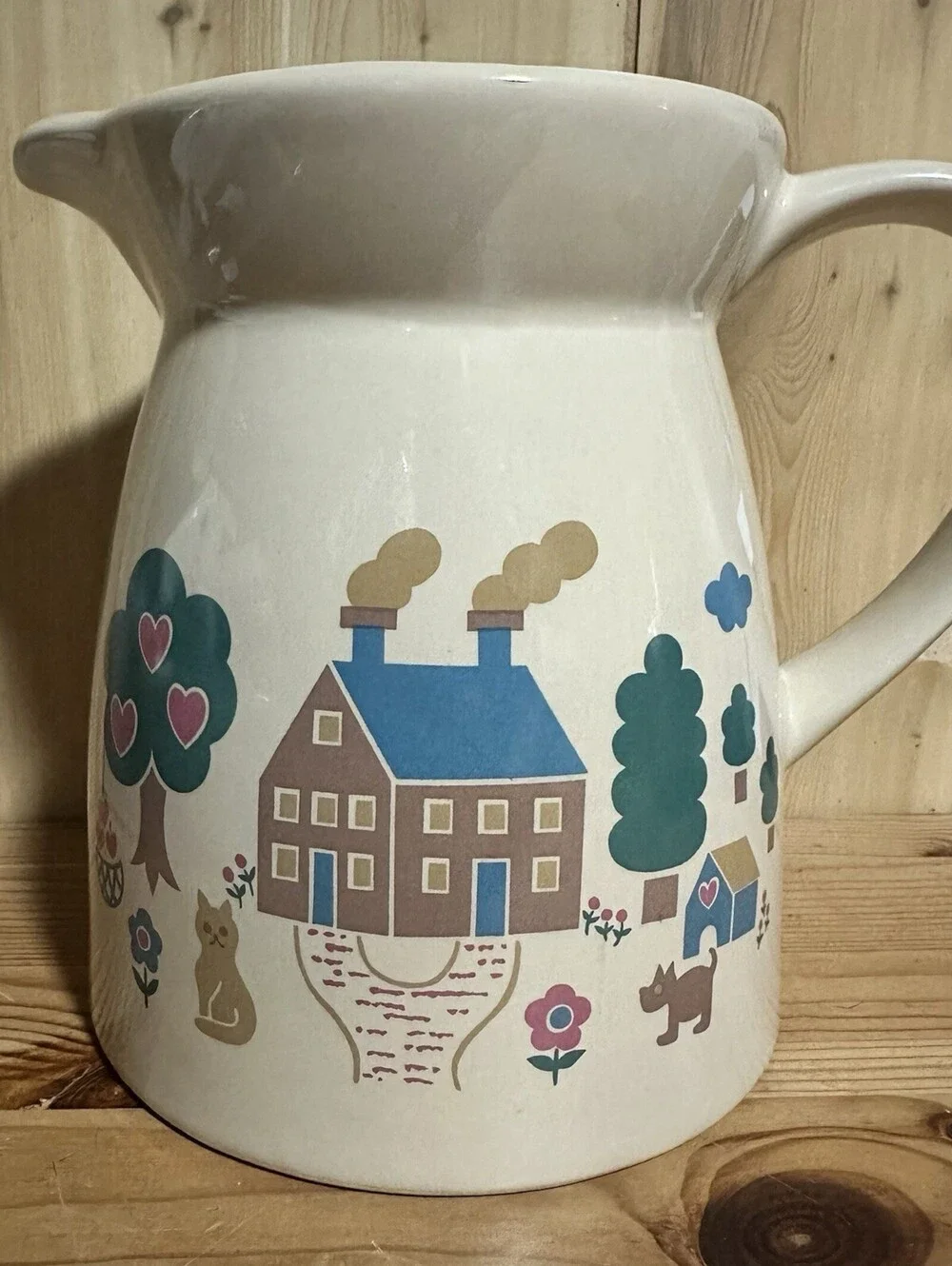 Vintage 80’s  Pitcher Farm House Kitsch Cottage Dog Cat Flower Pot Vermillion 6”